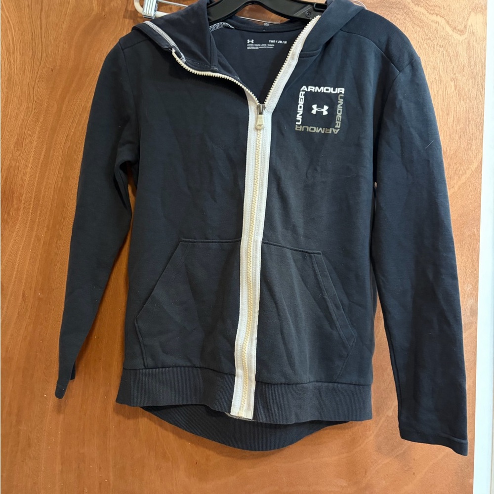 Under Armour Black Zip Hoodie with White Zipper girl’s size 10 / 12